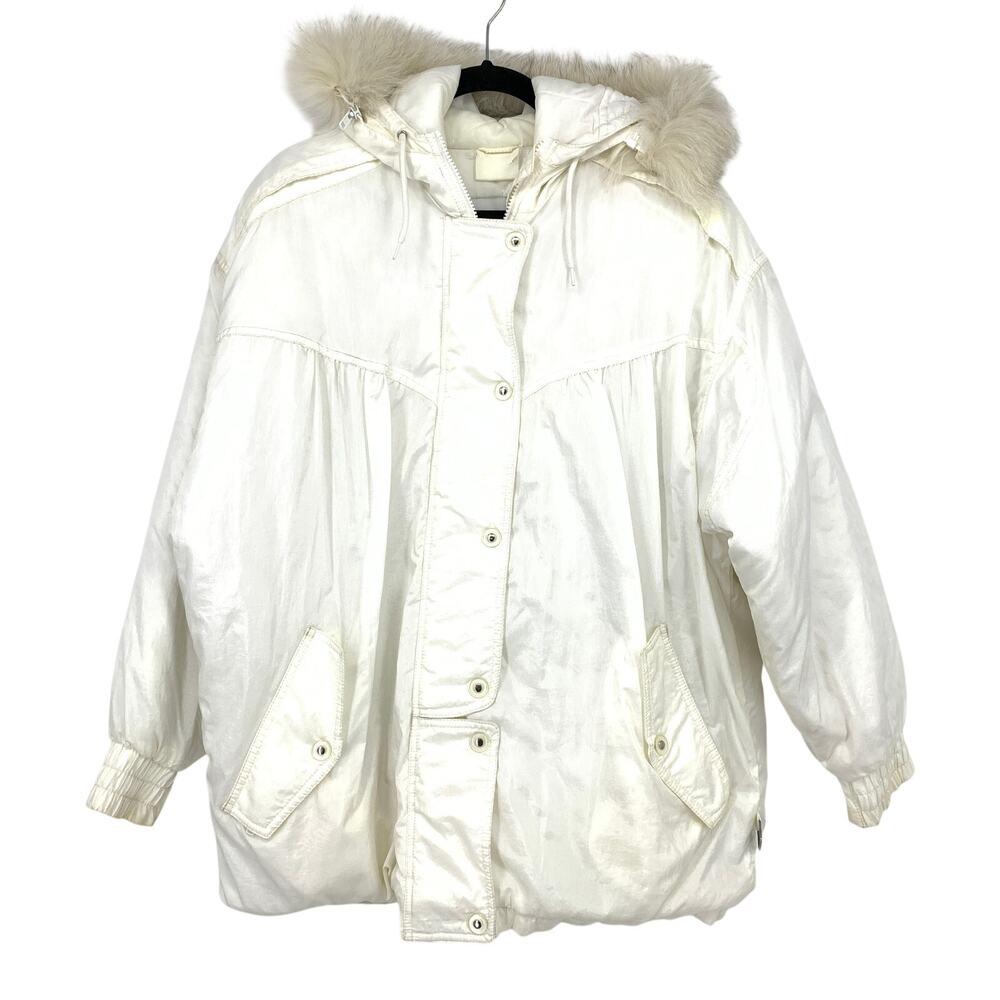 Vintage 80s Puffer Ski Jacket Womens Apx Sz XL White Fur Trim Collar *FLAWS